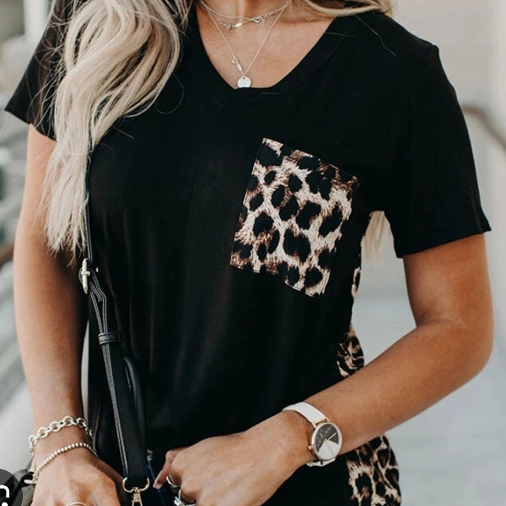 Leopard Print Pocket Black Top